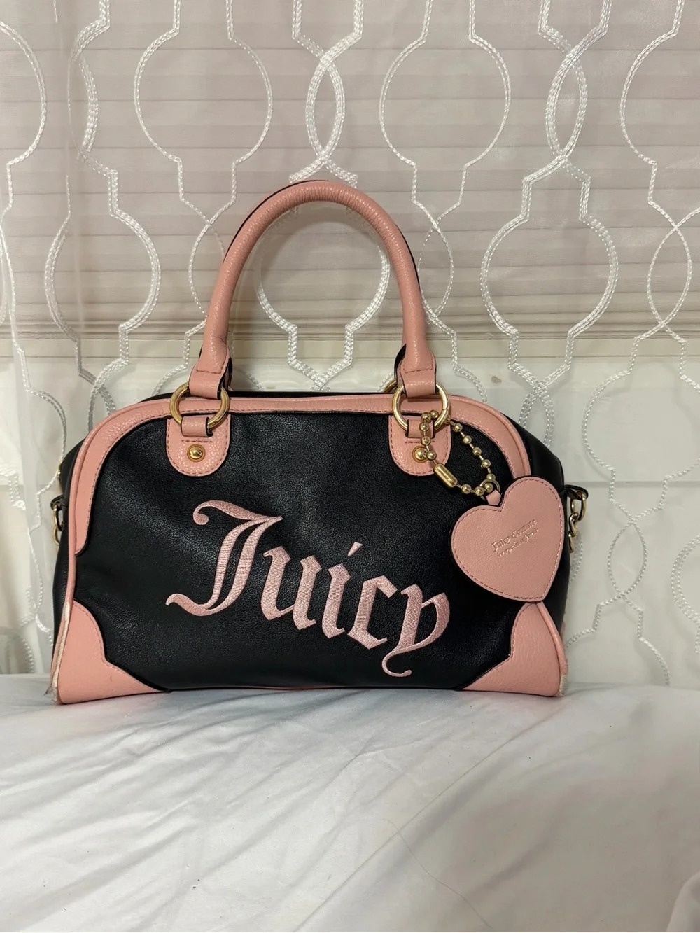 Juicy Couture Black & Pink Script Satchel with Heart Charm